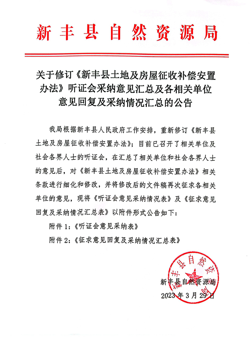 关于修订《新丰县土地及房屋征收补偿安置办法》听证会采纳意见汇总及各相关单位意见回复及采纳情况汇总的公告01.jpg
