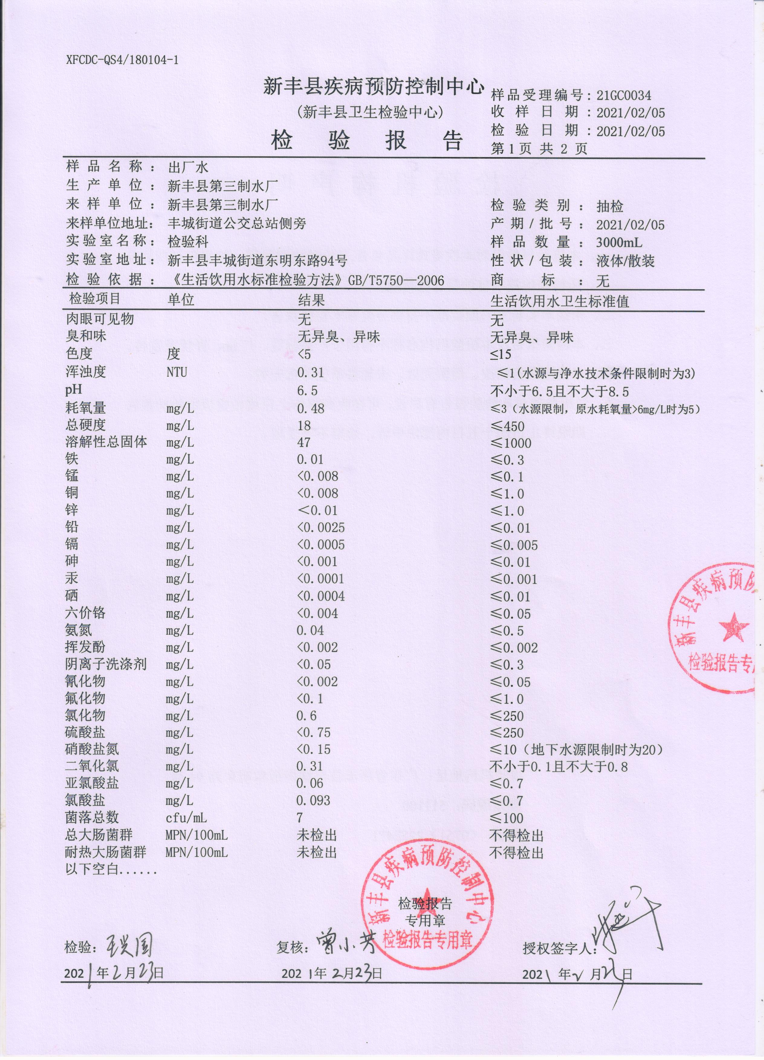 新丰县自来水公司2021年2月水质检测报告