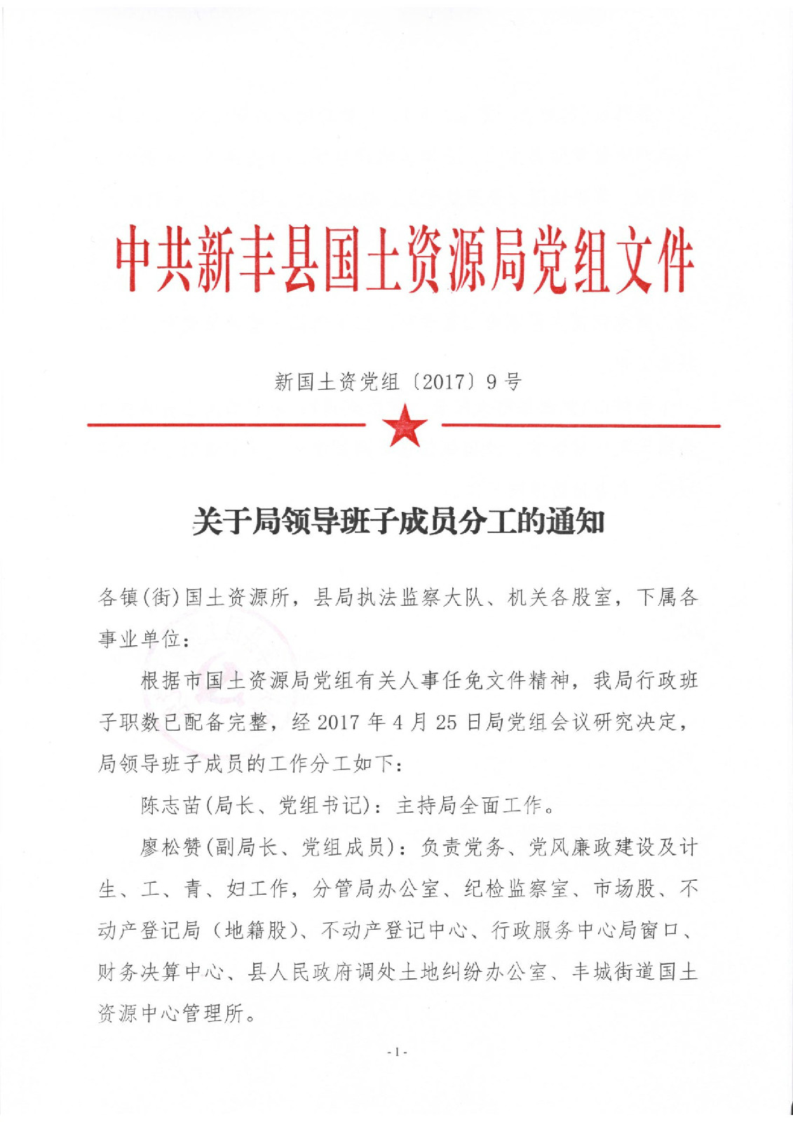 关于局领导班子成员分工的通知